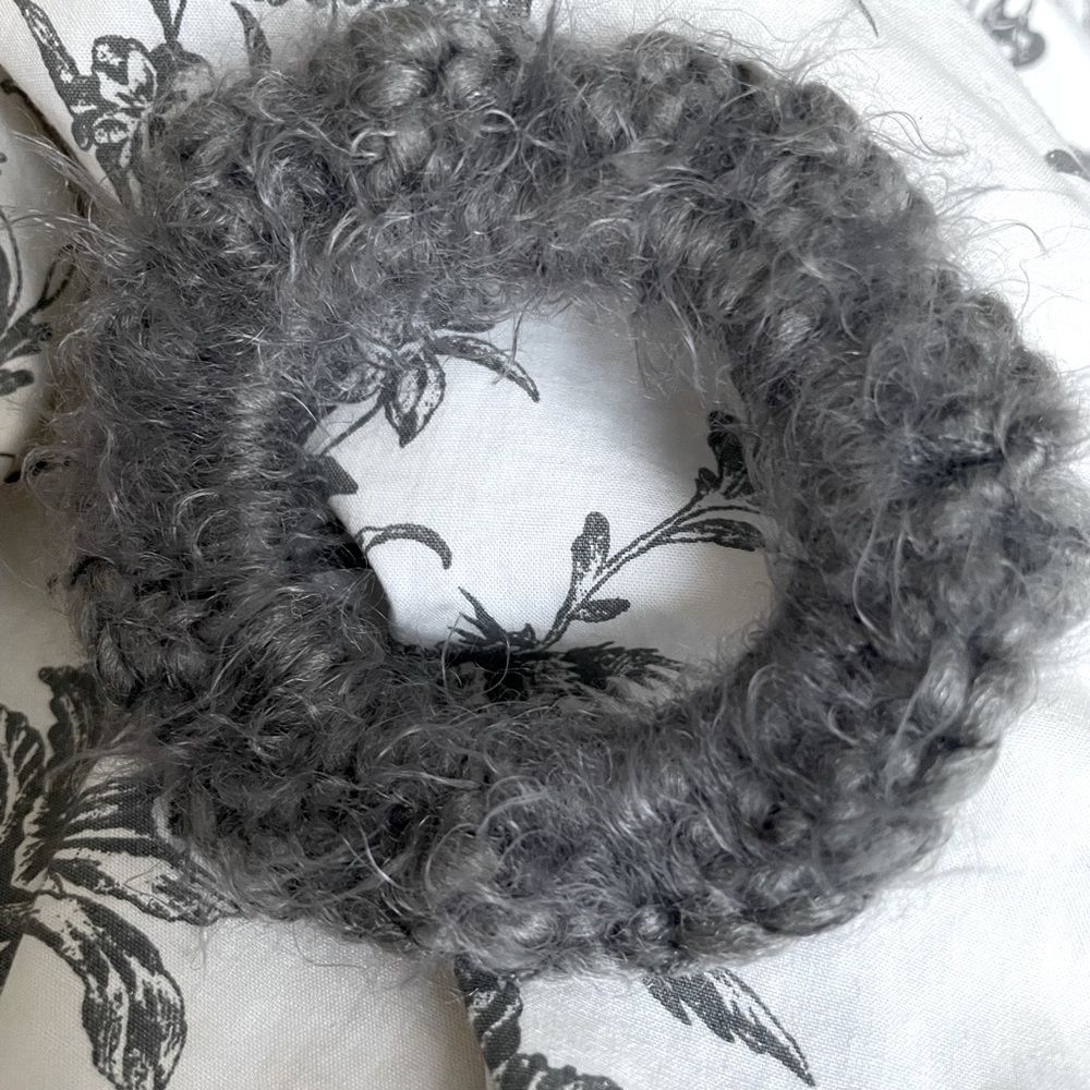 One for $8 or 2 for $10 Crochet Angel hair grey scrunchy. Make upon order.